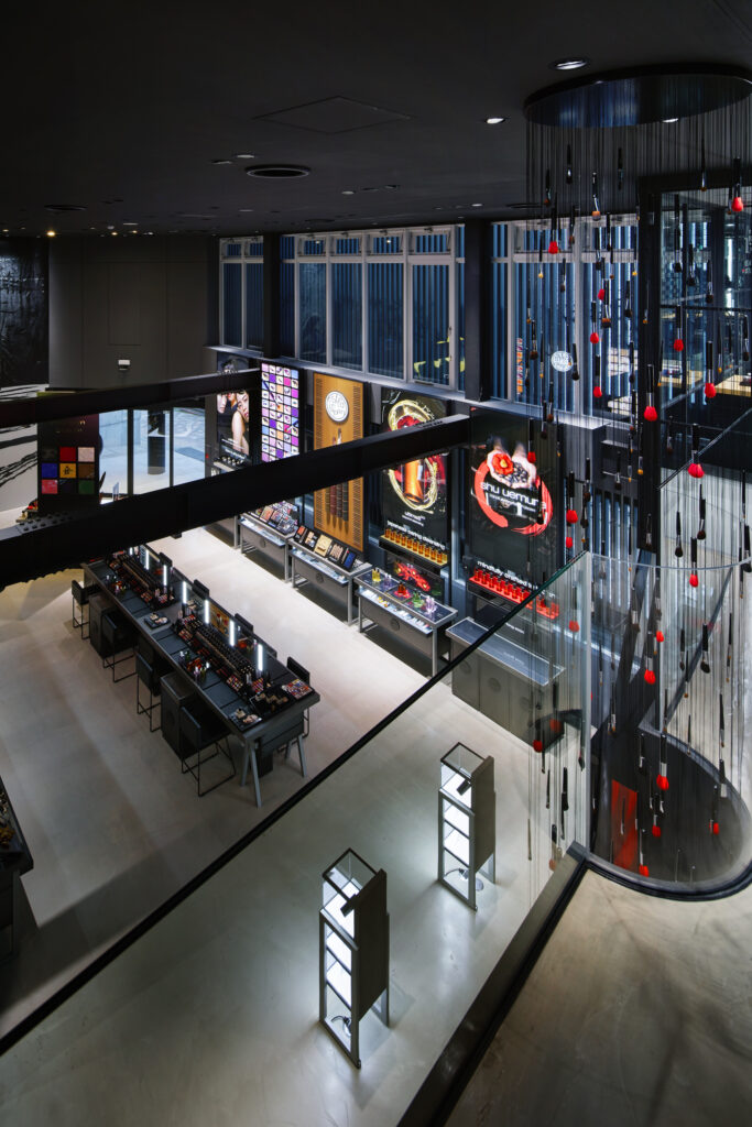 an image showcasing the interior of Shu Uemura flagship store collaboratively designed by PDFM with Shu Uemura design team